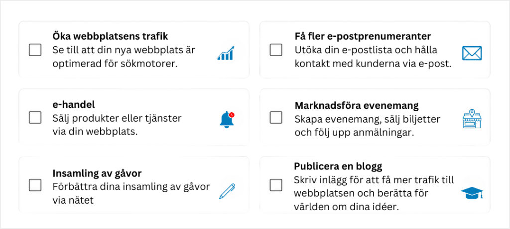 Klicka i de alternativ som passar bäst för det du vill uppnå med din hemsida